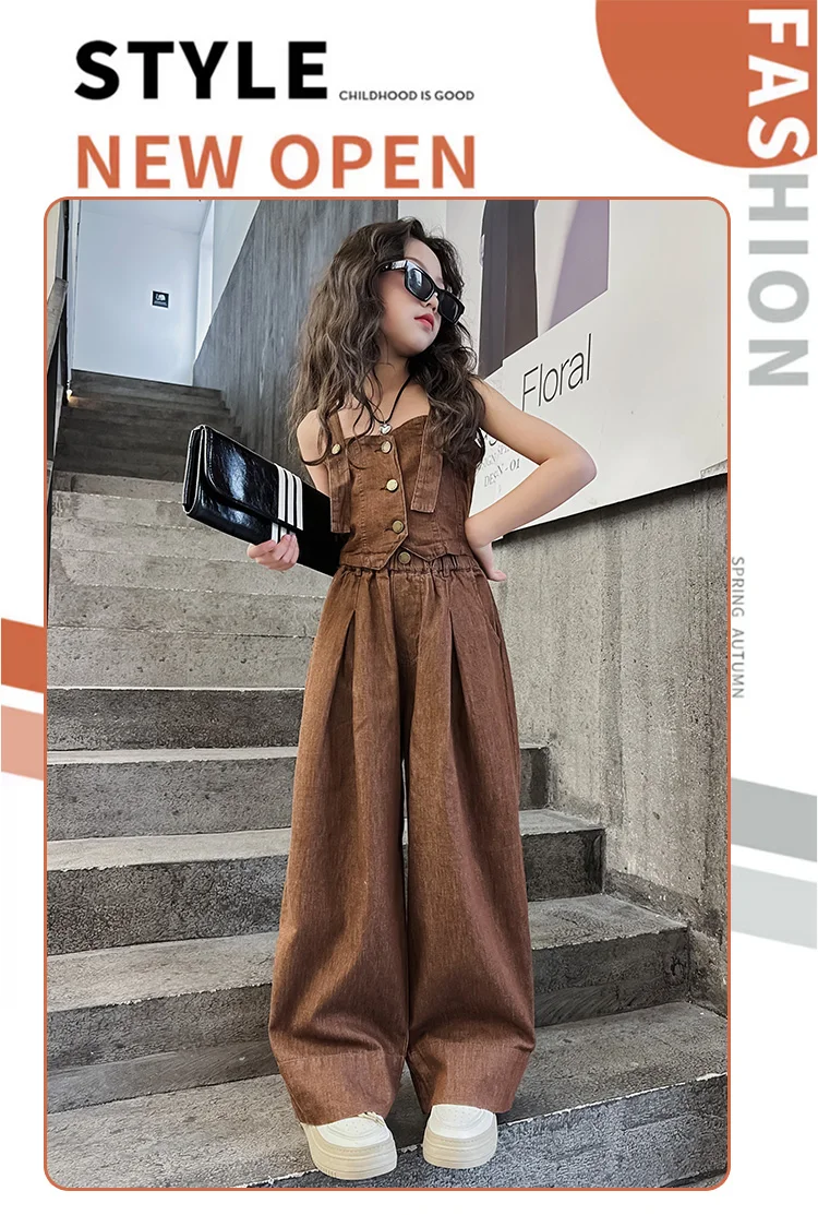 Summer Design Youth Girls Clothes set Sling Tank Top+Versatile Wide Leg Pants 2pcs junior kids suit teen Child Clothing outfits