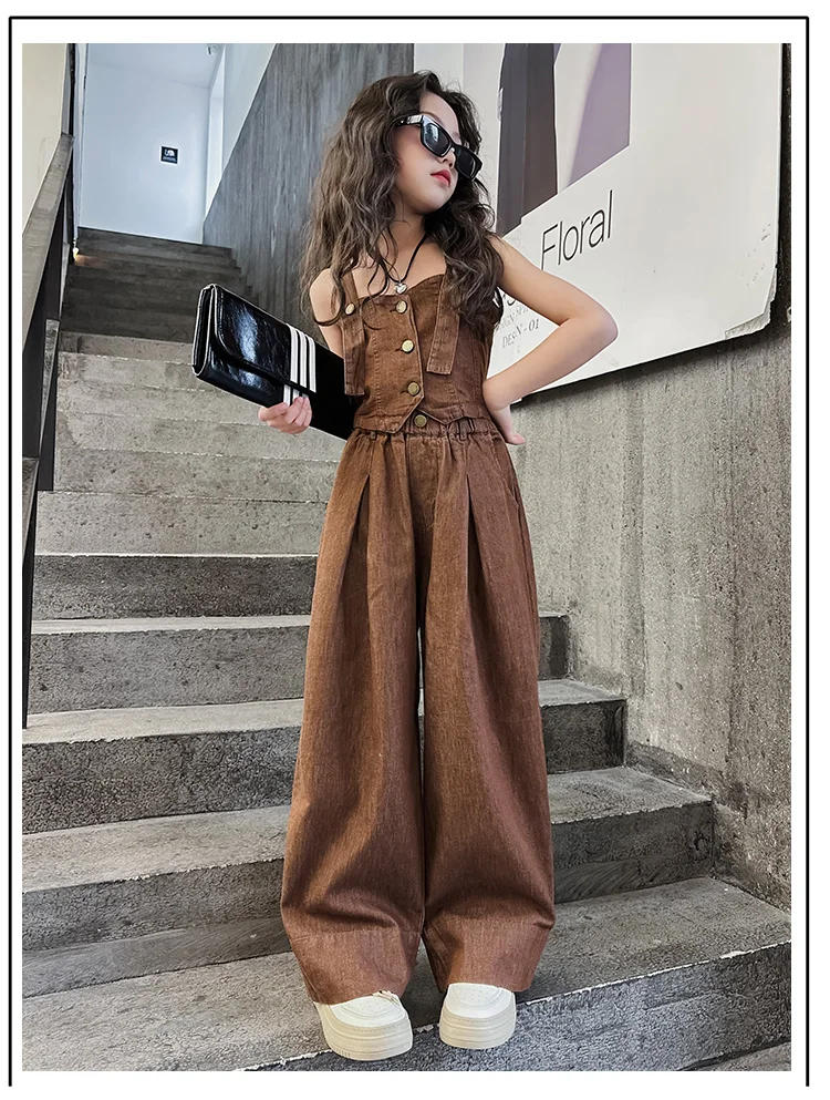 Summer Design Youth Girls Clothes set Sling Tank Top+Versatile Wide Leg Pants 2pcs junior kids suit teen Child Clothing outfits