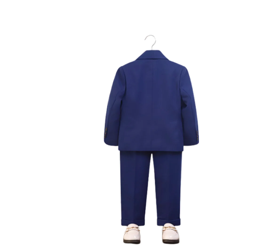 Kids Elegant Blue Suit Set Boys 5Pieces Jacket Vest Pants Bowtie Brooch Formal Wedding Birthday Performance Photograpy Outfit