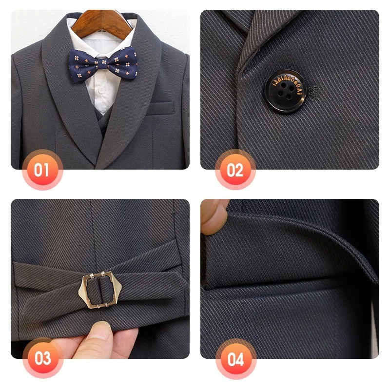 Kids Elegant Blue Suit Set Boys 5Pieces Jacket Vest Pants Bowtie Brooch Formal Wedding Birthday Performance Photograpy Outfit
