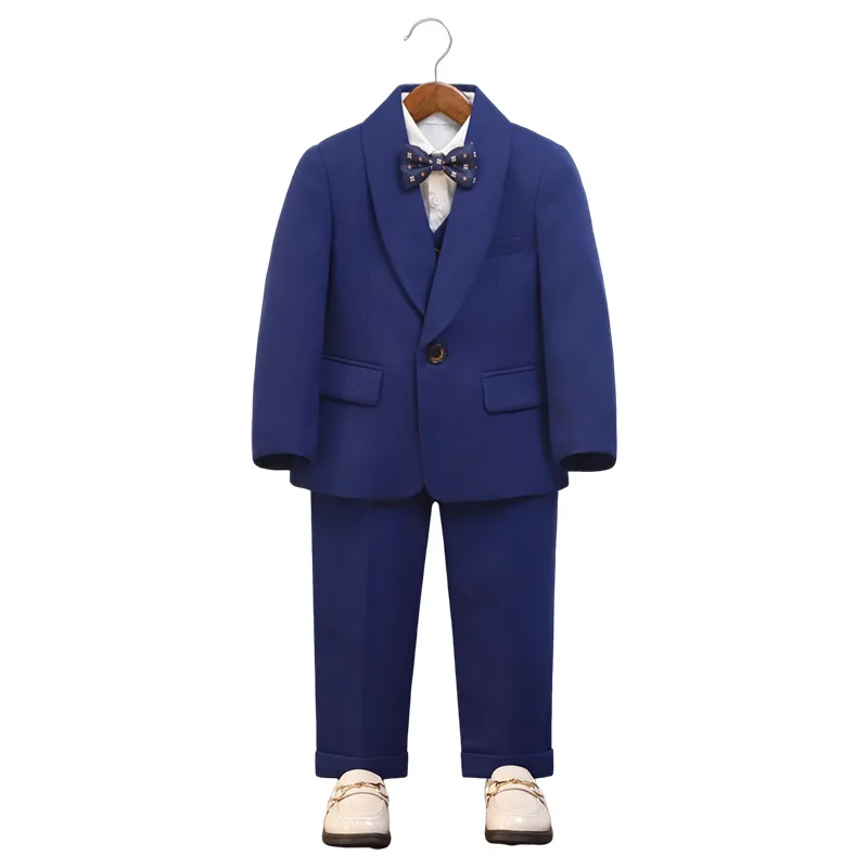 Kids Elegant Blue Suit Set Boys 5Pieces Jacket Vest Pants Bowtie Brooch Formal Wedding Birthday Performance Photograpy Outfit