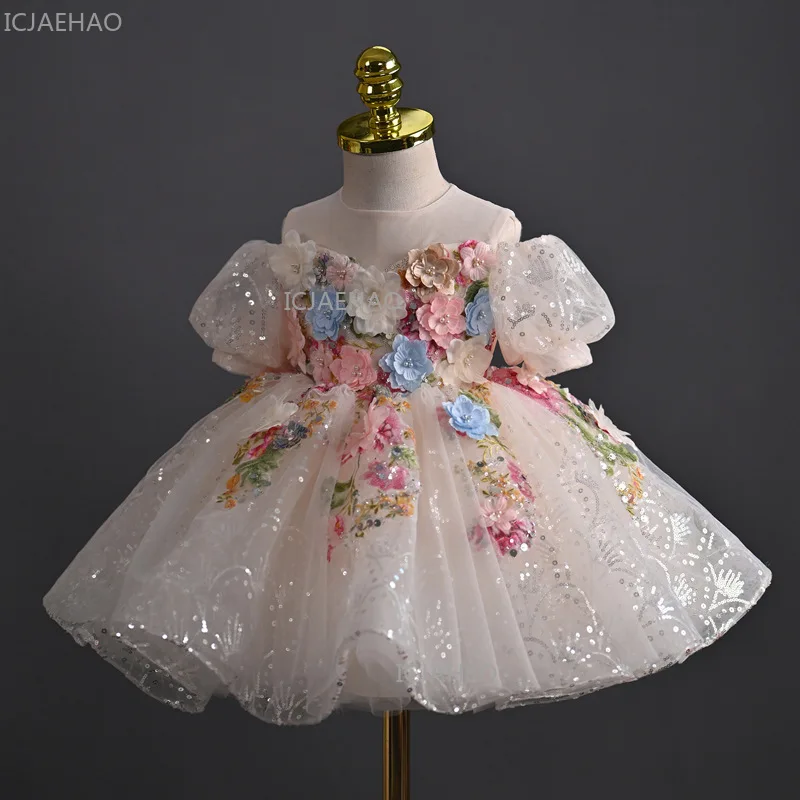 2026 Girls Evening Party Dress Children Floral First Birthday Princess Gown Host Celebration Formal Attire Pageant Dinner Outfit
