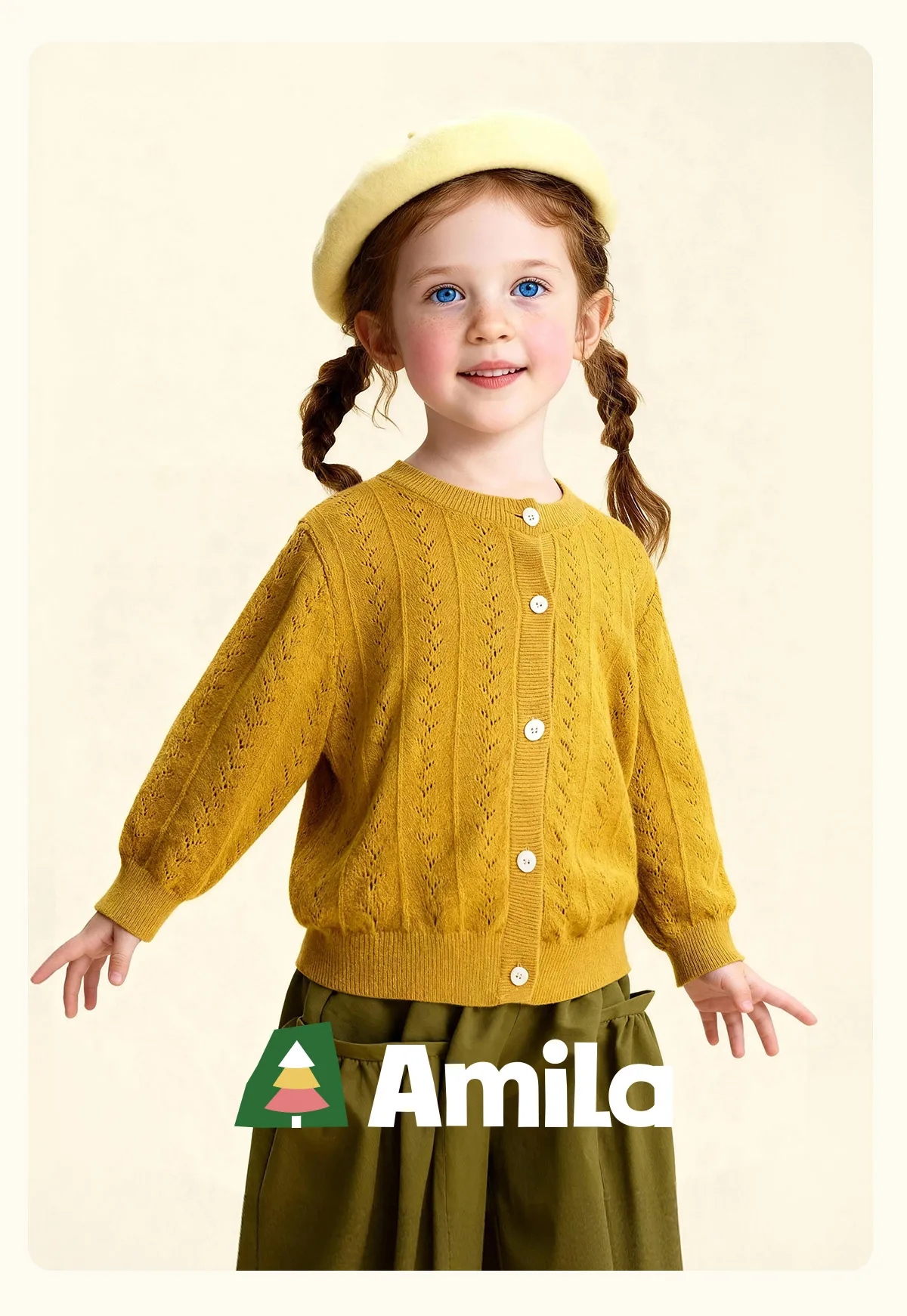 Amila 2026 Spring Children's Sweater Cardigan Round Neck Hollow Pattern Casual Loose Daily Fashion Gentle Top