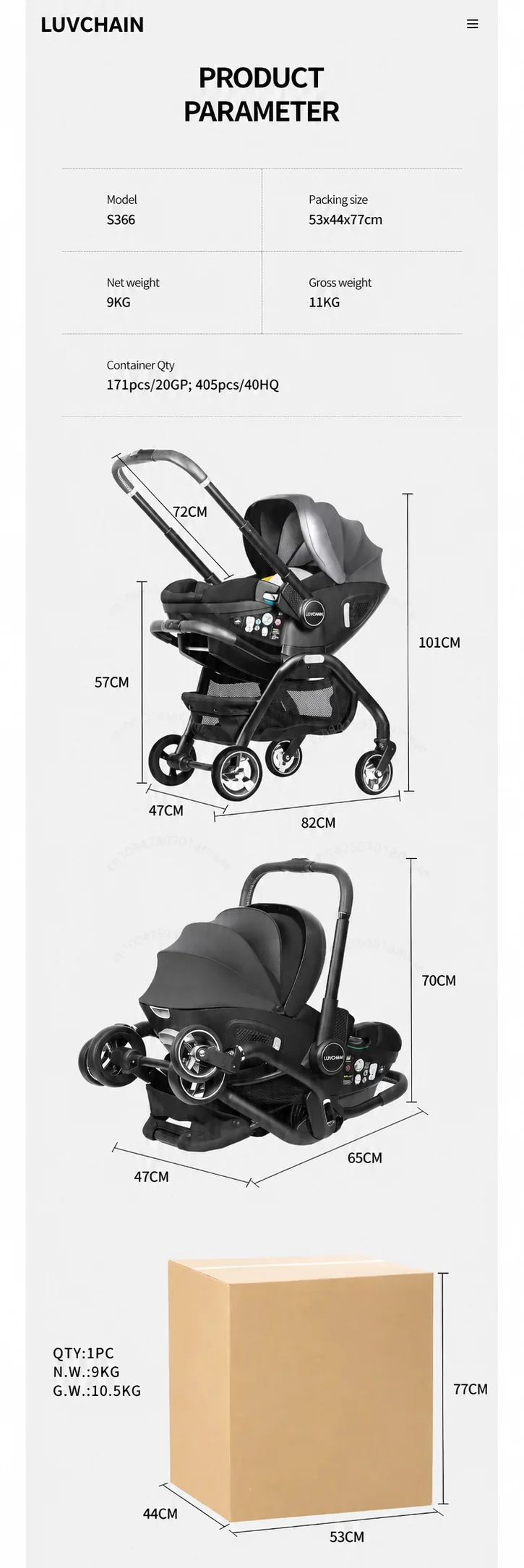 LUVCHAIN 4-in-1 Baby Stroller with ISOFIX Base Car Seat Lightweight Newborn