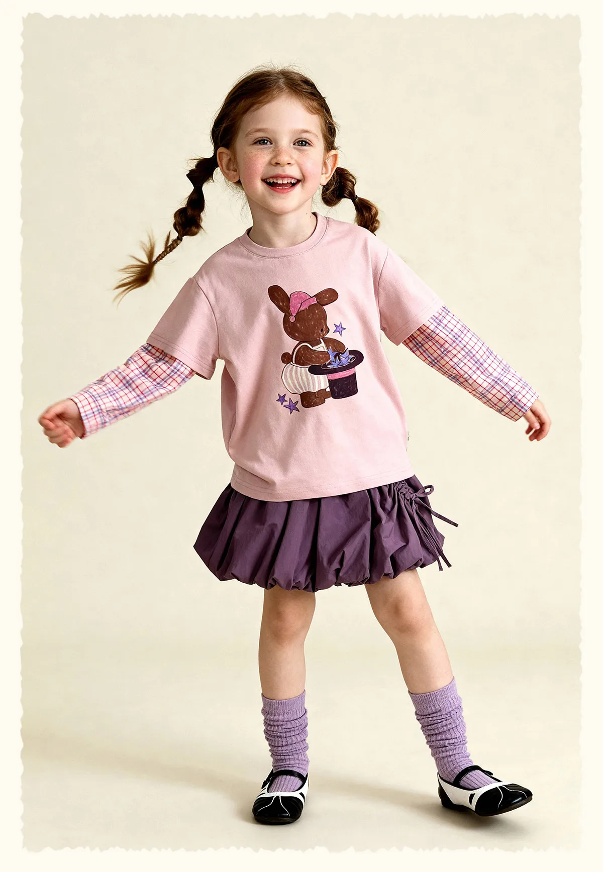 Amila 2026 Spring Children's Vacation Two Piece T-Shirt With Plaid Long Sleeved Patchwork Design, Casual And Fashionable