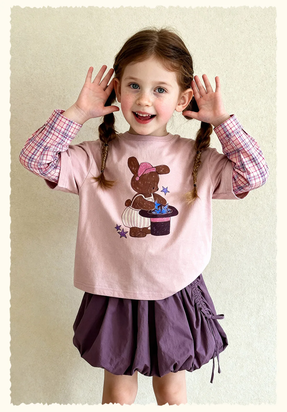 Amila 2026 Spring Children's Vacation Two Piece T-Shirt With Plaid Long Sleeved Patchwork Design, Casual And Fashionable