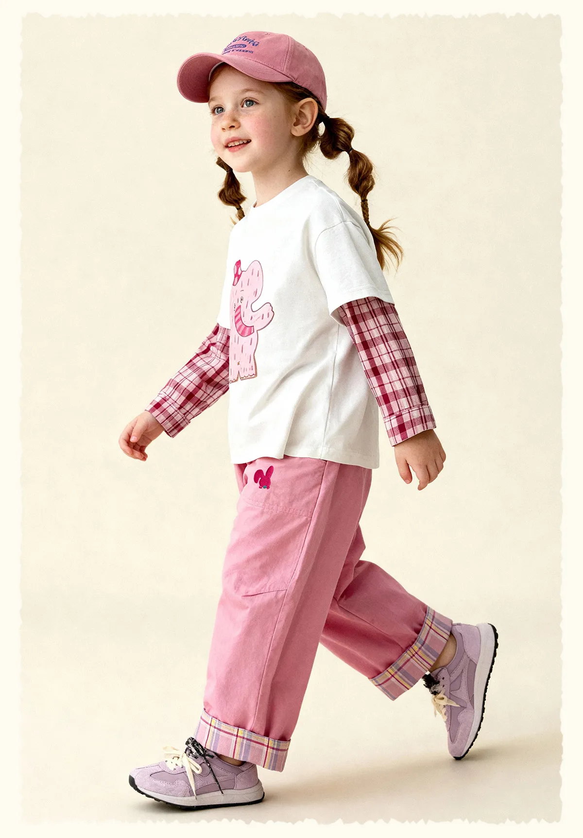 Amila 2026 Spring Children's Vacation Two Piece T-Shirt With Plaid Long Sleeved Patchwork Design, Casual And Fashionable