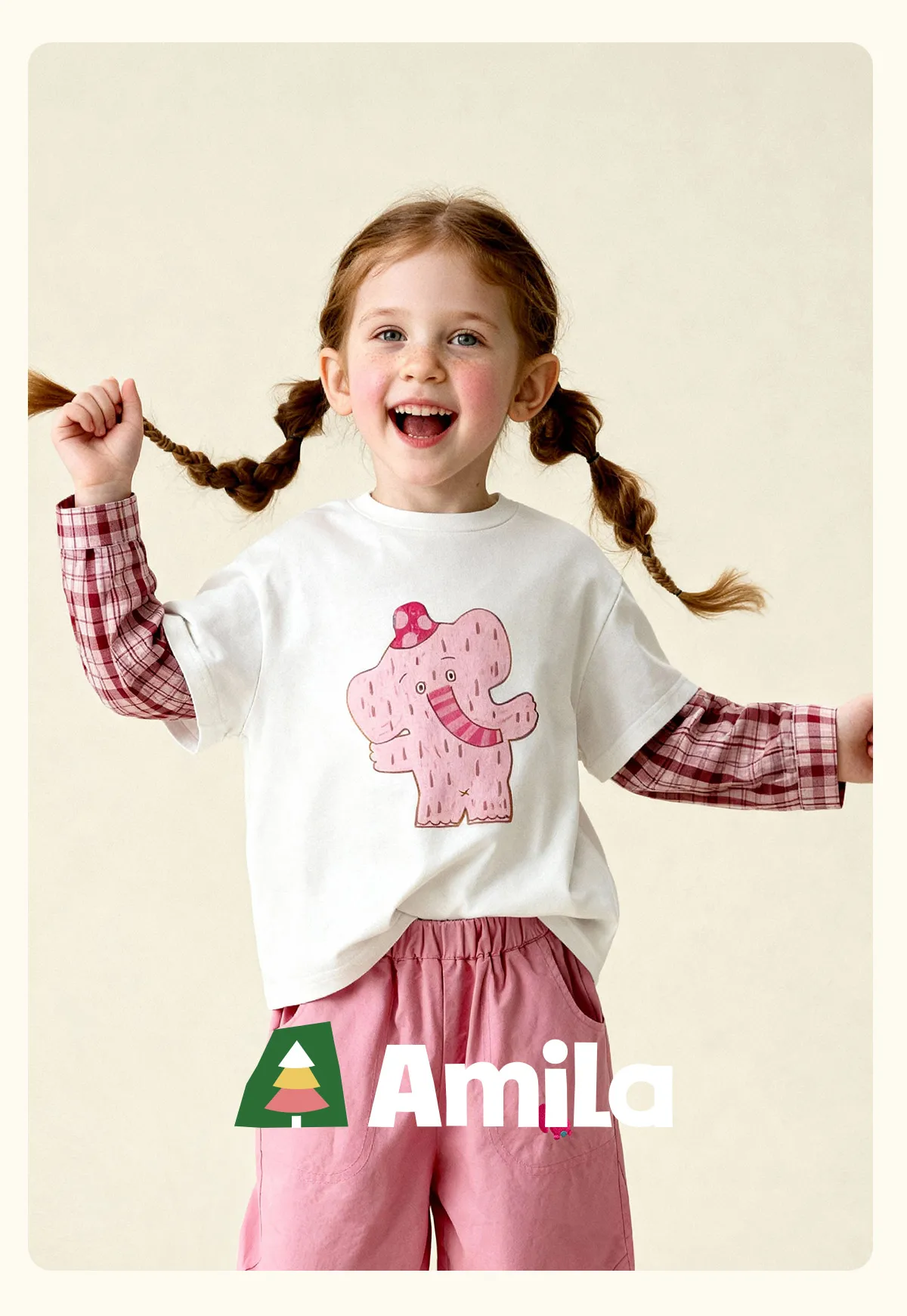 Amila 2026 Spring Children's Vacation Two Piece T-Shirt With Plaid Long Sleeved Patchwork Design, Casual And Fashionable