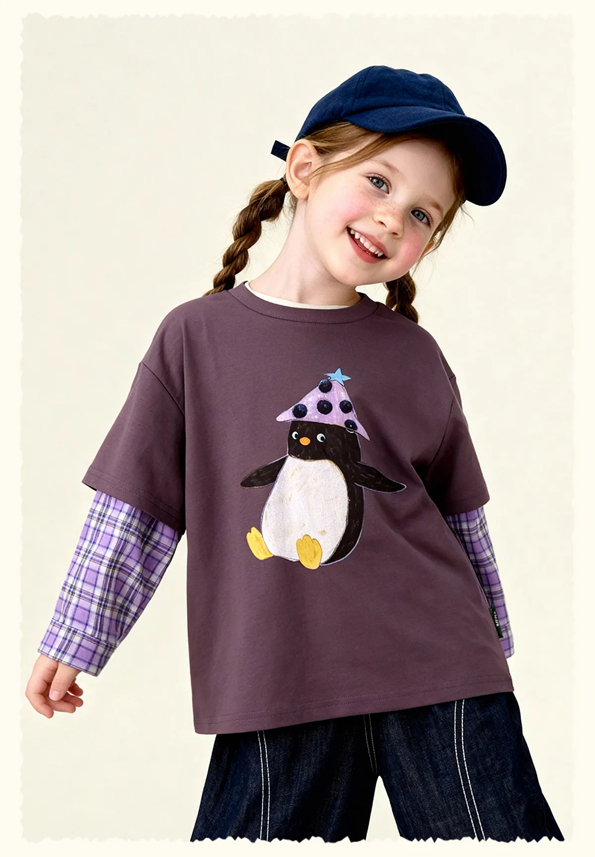 Amila 2026 Spring Children's Vacation Two Piece T-Shirt With Plaid Long Sleeved Patchwork Design, Casual And Fashionable
