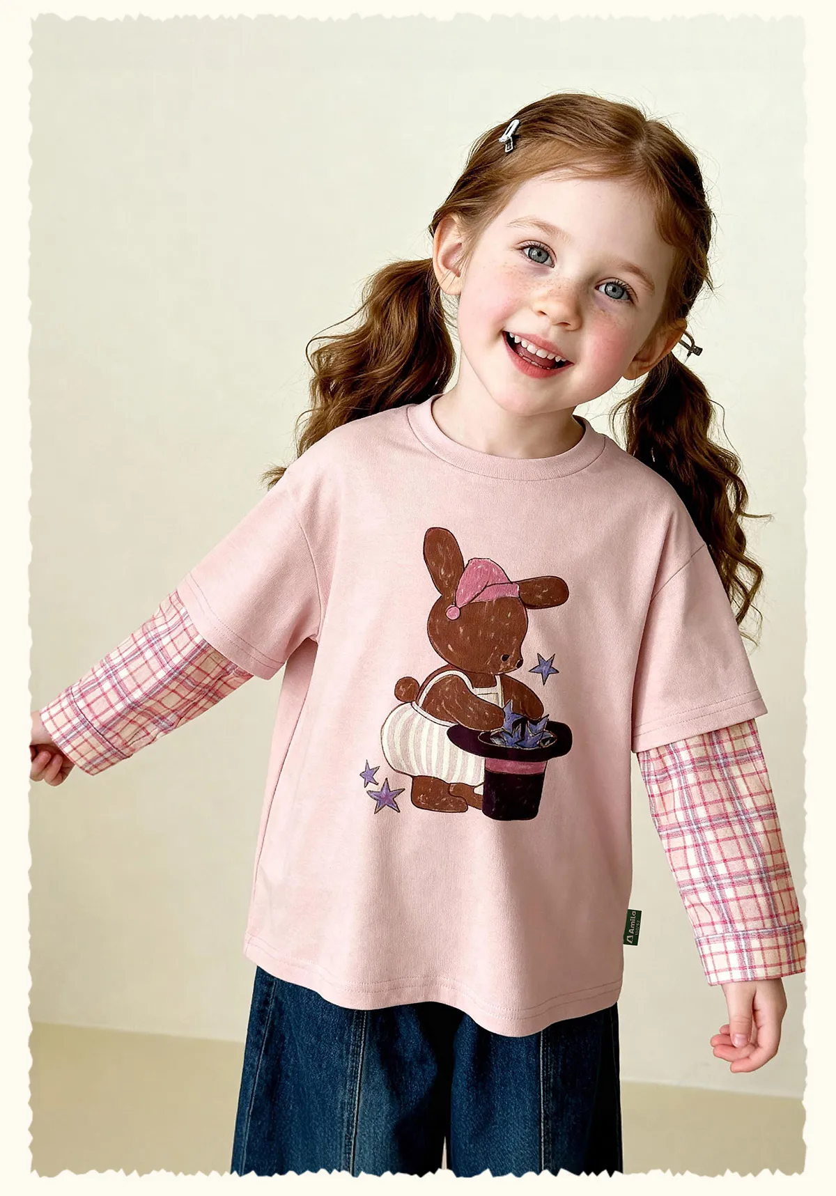Amila 2026 Spring Children's Vacation Two Piece T-Shirt With Plaid Long Sleeved Patchwork Design, Casual And Fashionable