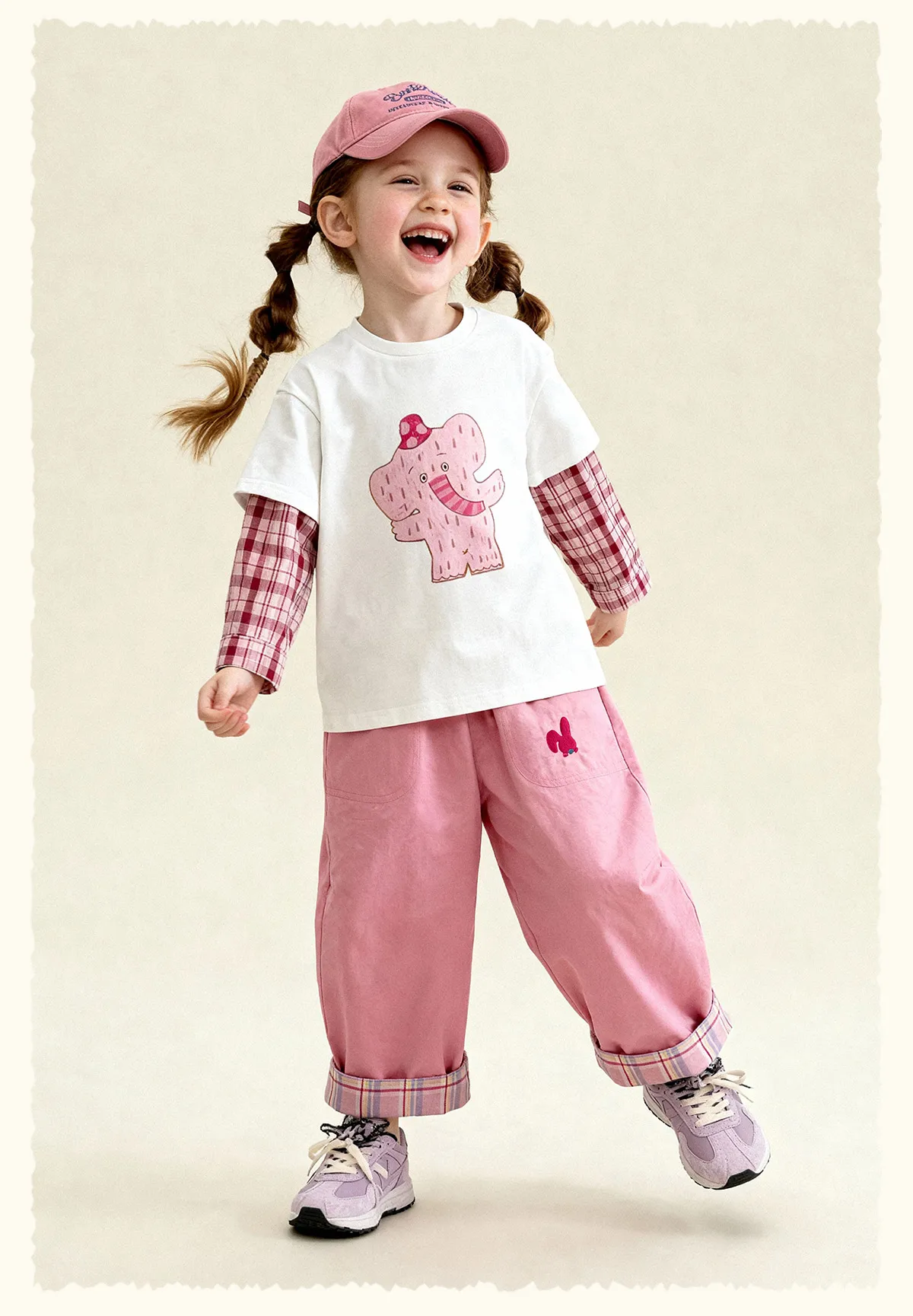 Amila 2026 Spring Children's Vacation Two Piece T-Shirt With Plaid Long Sleeved Patchwork Design, Casual And Fashionable