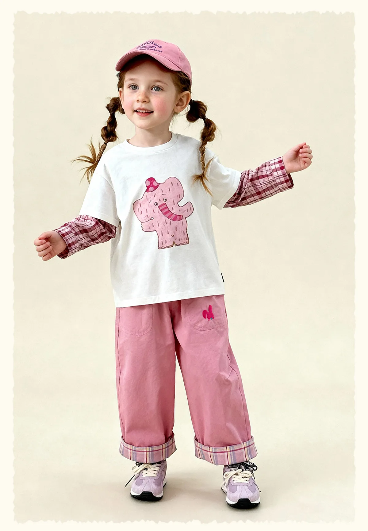 Amila 2026 Spring Children's Vacation Two Piece T-Shirt With Plaid Long Sleeved Patchwork Design, Casual And Fashionable