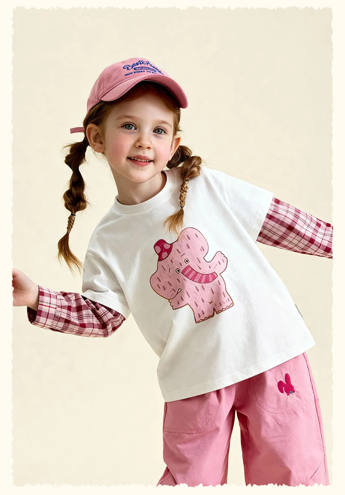 Amila 2026 Spring Children's Vacation Two Piece T-Shirt With Plaid Long Sleeved Patchwork Design, Casual And Fashionable