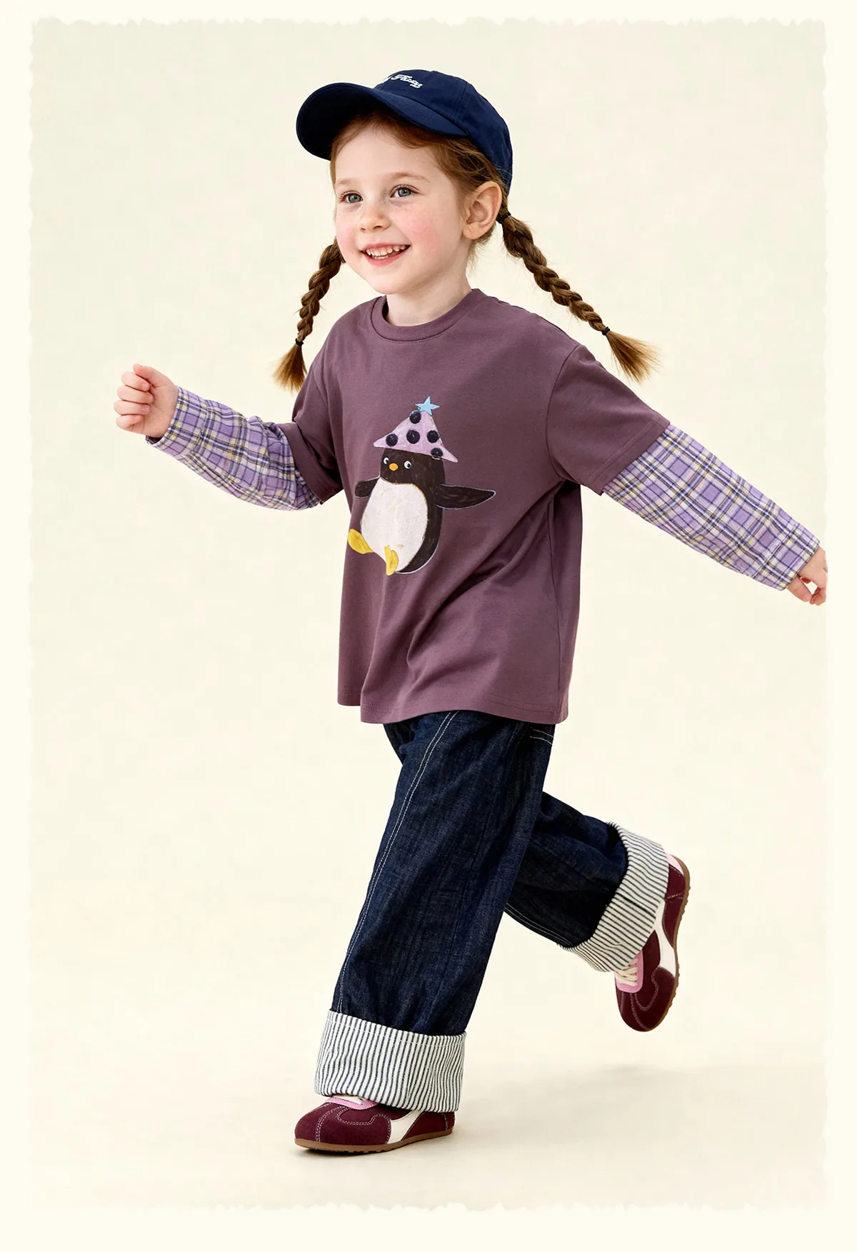 Amila 2026 Spring Children's Vacation Two Piece T-Shirt With Plaid Long Sleeved Patchwork Design, Casual And Fashionable
