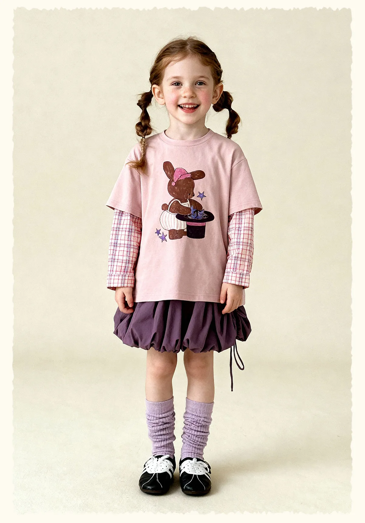 Amila 2026 Spring Children's Vacation Two Piece T-Shirt With Plaid Long Sleeved Patchwork Design, Casual And Fashionable