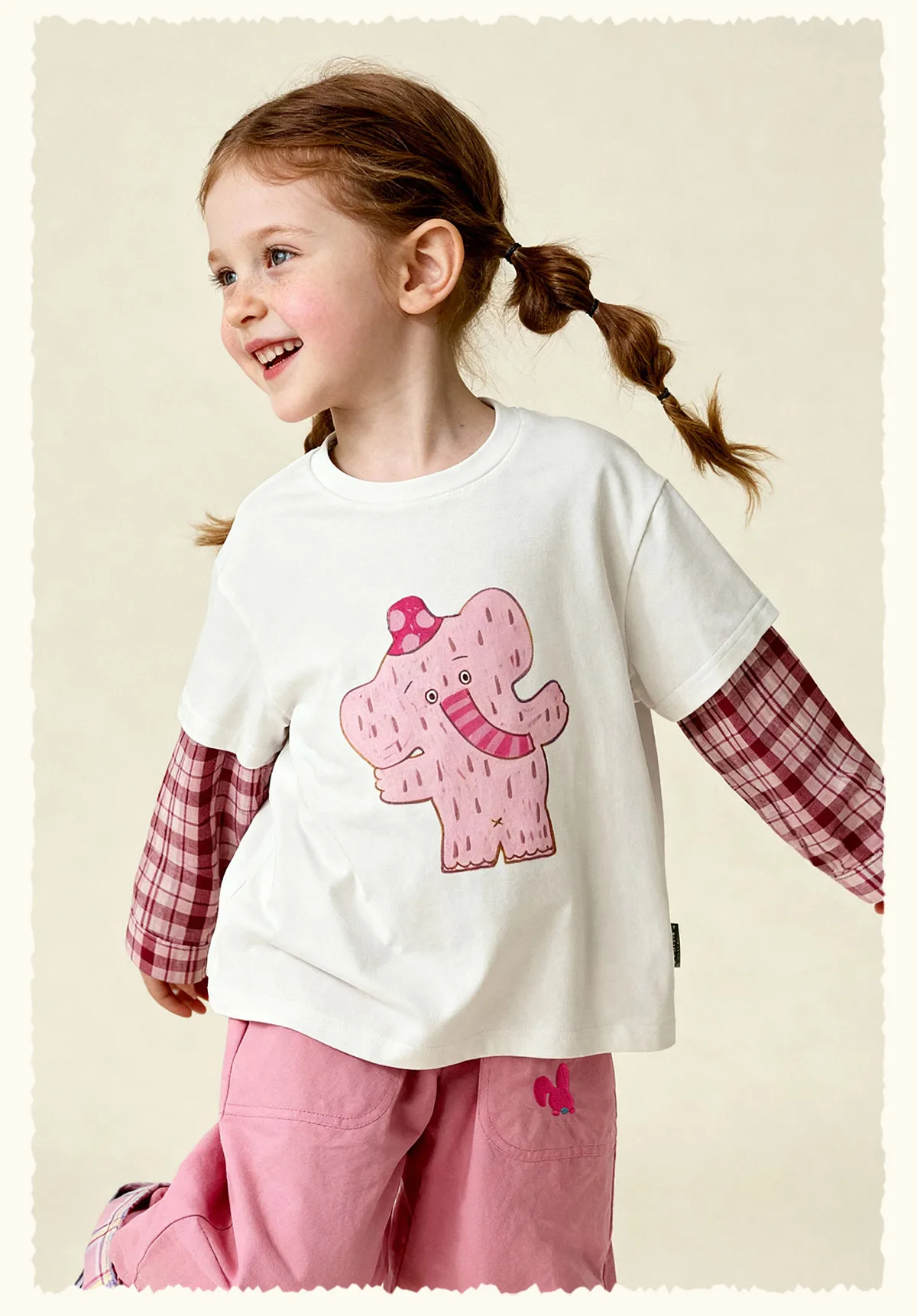 Amila 2026 Spring Children's Vacation Two Piece T-Shirt With Plaid Long Sleeved Patchwork Design, Casual And Fashionable