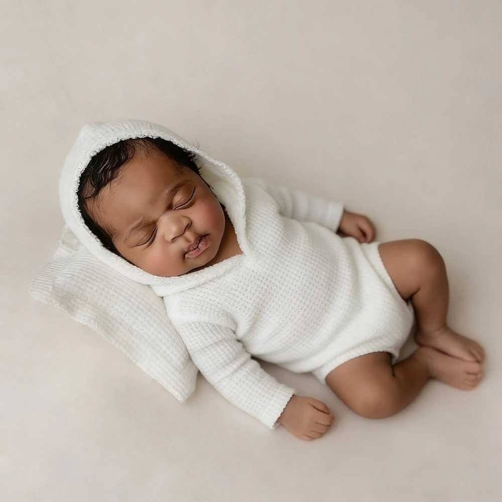 Newborn Baby White Waffle Hooded Romper Photography Outfit Infant Photo Shoot Baby Costume Newborn Wrap Bodysuit Props Outfit