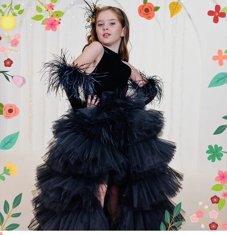 Black Children's Dress, a Halter and Backless Princess Dress, Birthday Model Catwalk Performance Outfit, a Short Front and Long