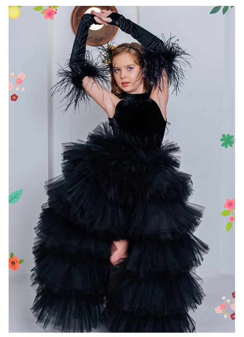 Black Children's Dress, a Halter and Backless Princess Dress, Birthday Model Catwalk Performance Outfit, a Short Front and Long