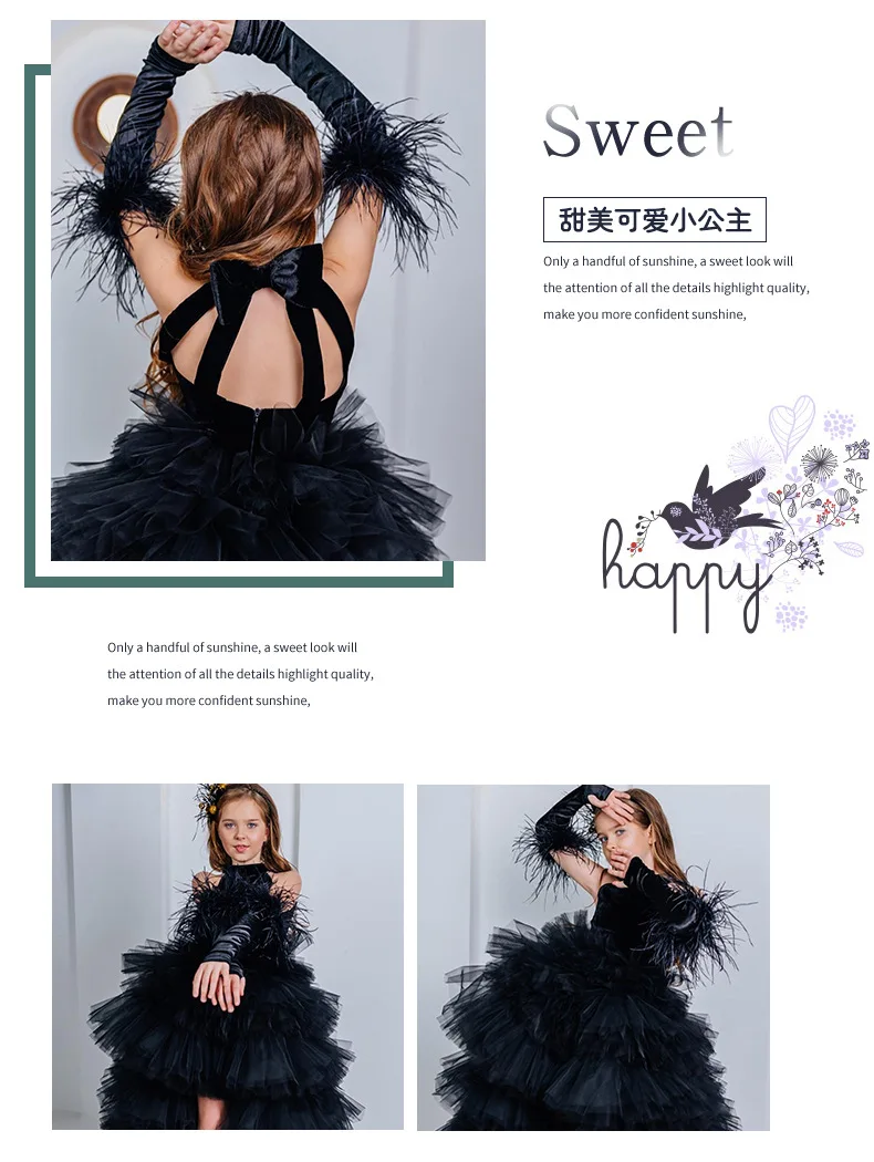 Black Children's Dress, a Halter and Backless Princess Dress, Birthday Model Catwalk Performance Outfit, a Short Front and Long