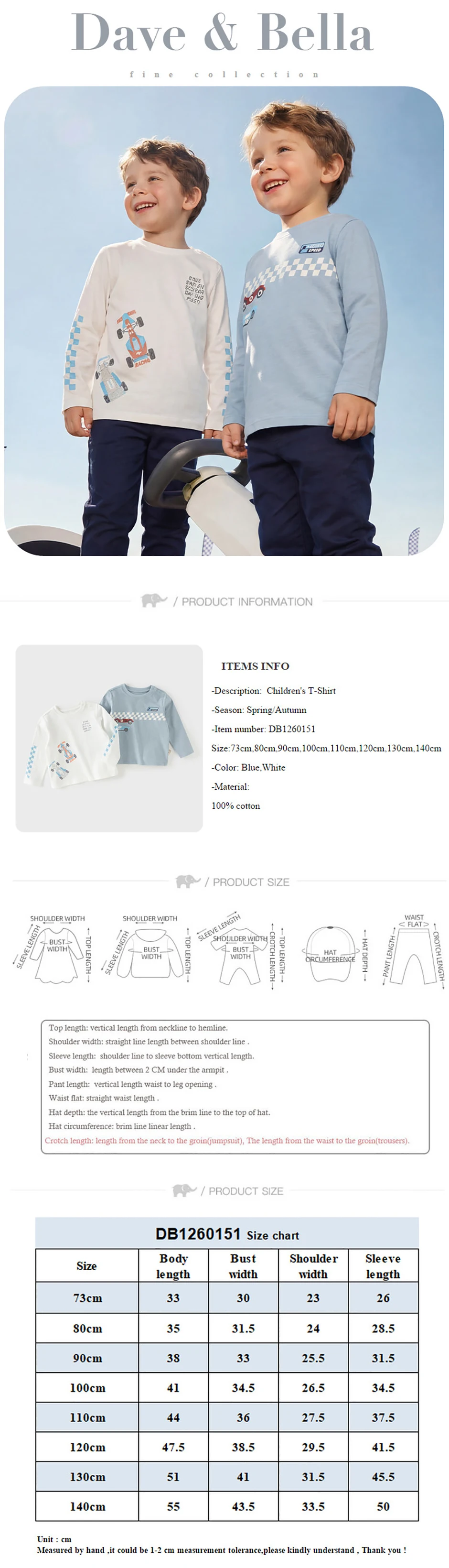Dave Bella Children Cotton T-shirts Boys Clothing Spring Autumn Baby Long Sleeves Pullover Fashion Printed Casual Tops DB1260151