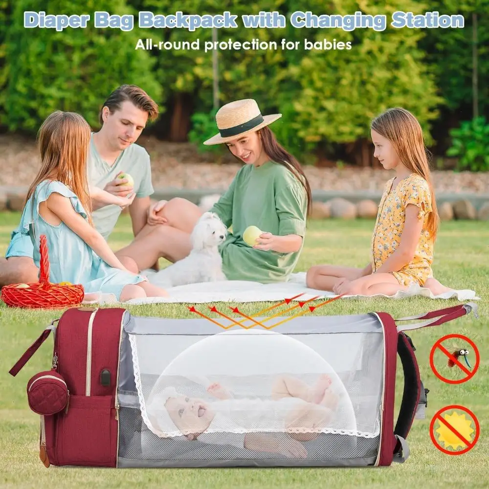 RsenFremior Large Diaper Bag with Changing Station, Foldable Diaper Bag Backpack with Bed ,Diaper Bag with Insulated Pockets