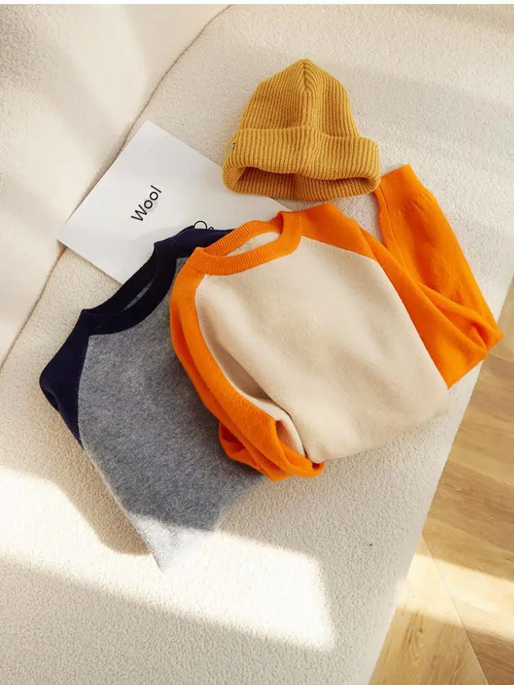 Children's 100% Merino Wool Sweater Boys Girls O-neck Pullover Contrast Sleeves Knitwear Autumn Winter Baby Kids Cashmere Tops
