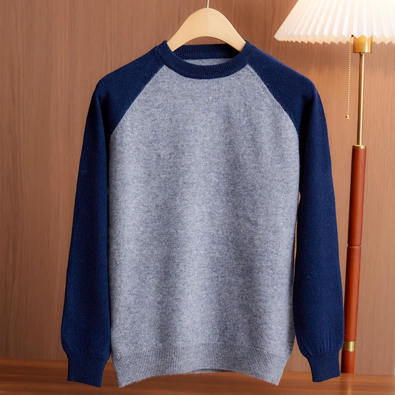 Children's 100% Merino Wool Sweater Boys Girls O-neck Pullover Contrast Sleeves Knitwear Autumn Winter Baby Kids Cashmere Tops