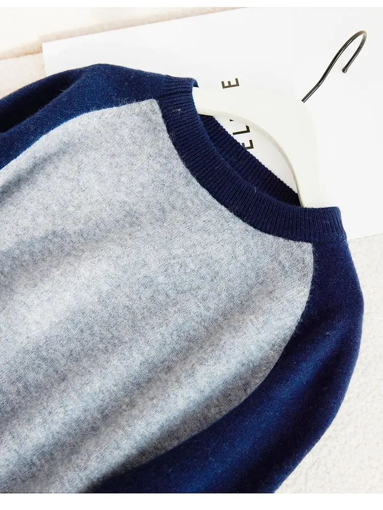 Children's 100% Merino Wool Sweater Boys Girls O-neck Pullover Contrast Sleeves Knitwear Autumn Winter Baby Kids Cashmere Tops
