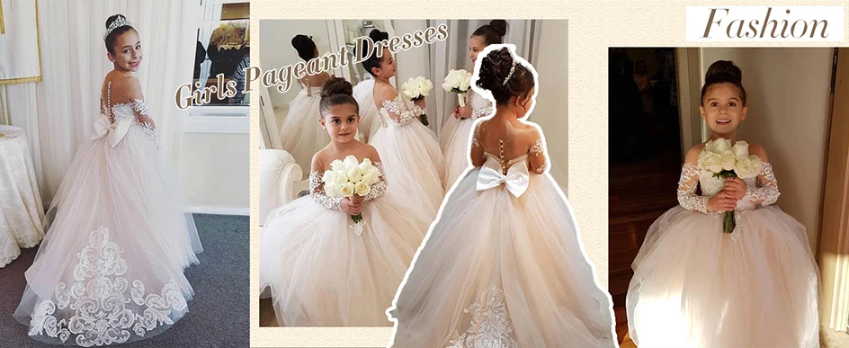 Flower Girl Dress with Lace Embroidery and Tulle Long Sleeves Children's Trailing Train Gown
