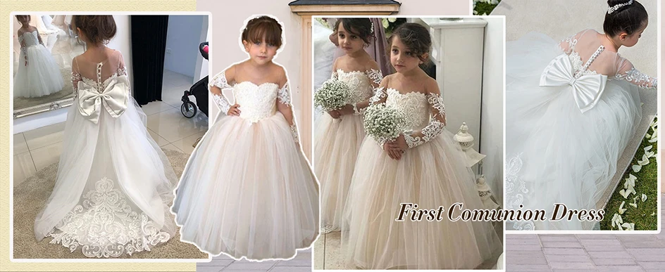 Flower Girl Dress with Lace Embroidery and Tulle Long Sleeves Children's Trailing Train Gown