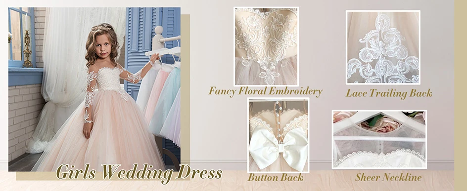 Flower Girl Dress with Lace Embroidery and Tulle Long Sleeves Children's Trailing Train Gown
