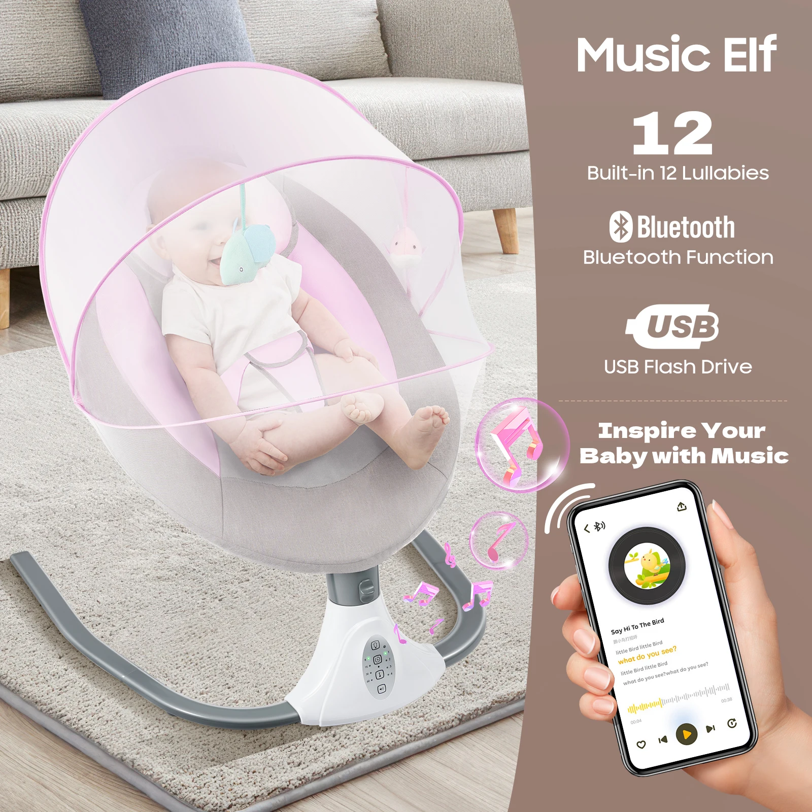 Pink Rocking Chair with USB Charging Port for Breastfeeding, Living Room, Bedroom for 0-18 Months baby