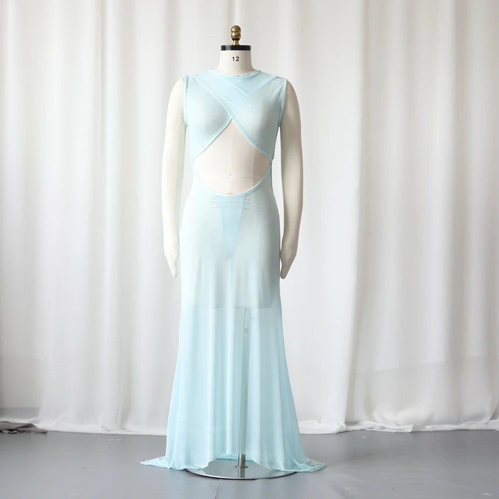 Sky Blue Maternity Dress Photoshoot Sexy Sheer Gowns Comfortable Stretch Mesh Open Front & Back Baby Shower Dresses For Women's