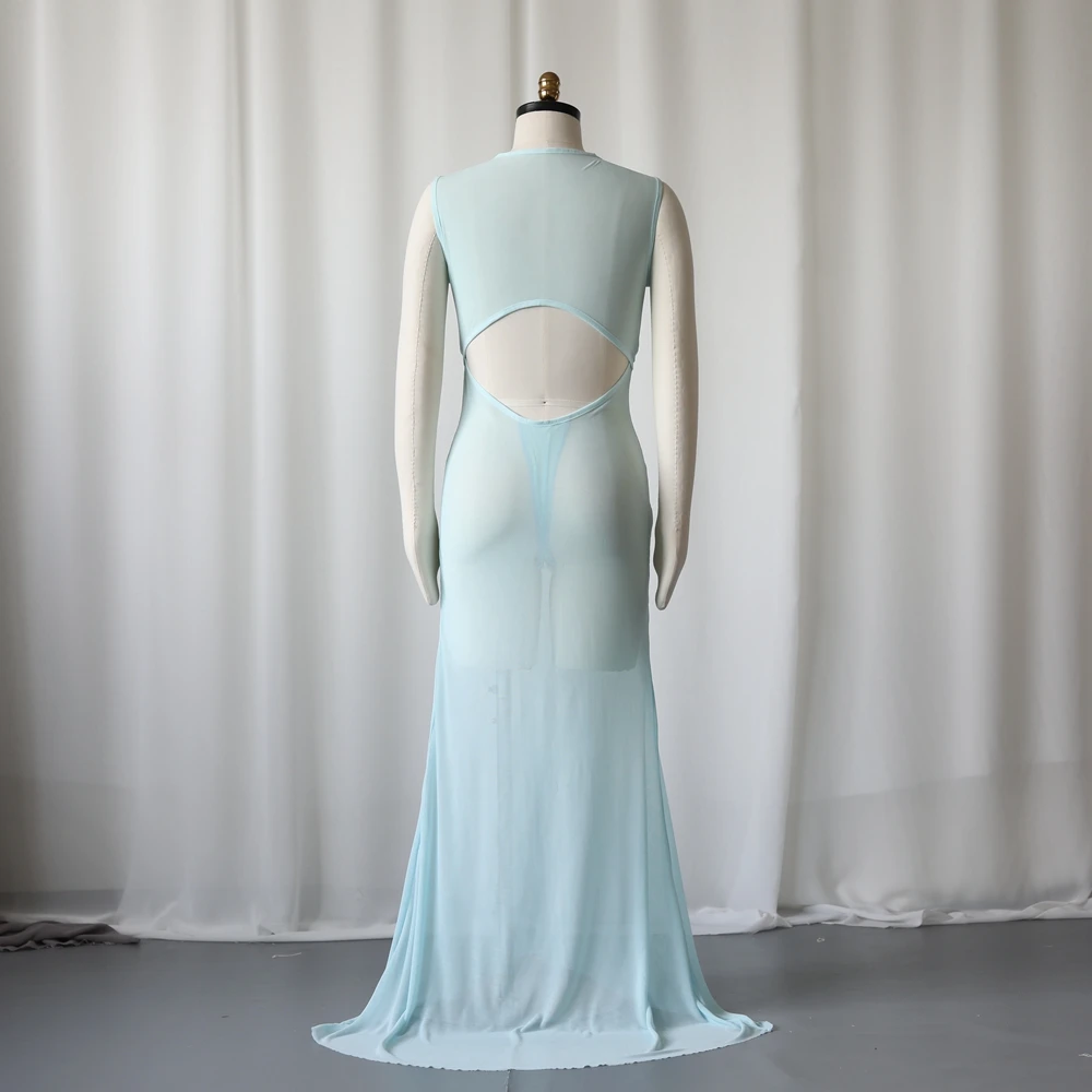 Sky Blue Maternity Dress Photoshoot Sexy Sheer Gowns Comfortable Stretch Mesh Open Front & Back Baby Shower Dresses For Women's