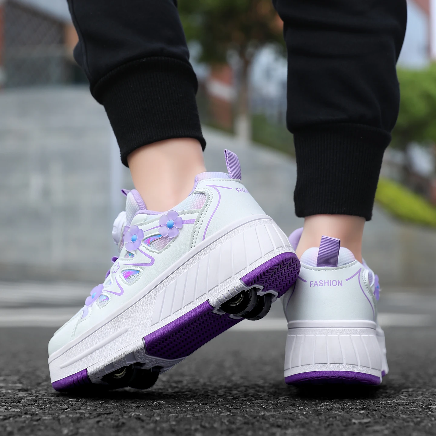Kids Girls 4 Wheels Roller Skate Shoes Breathable Mesh Flower Rotary Buckle Walk & Roll Casual Sneakers