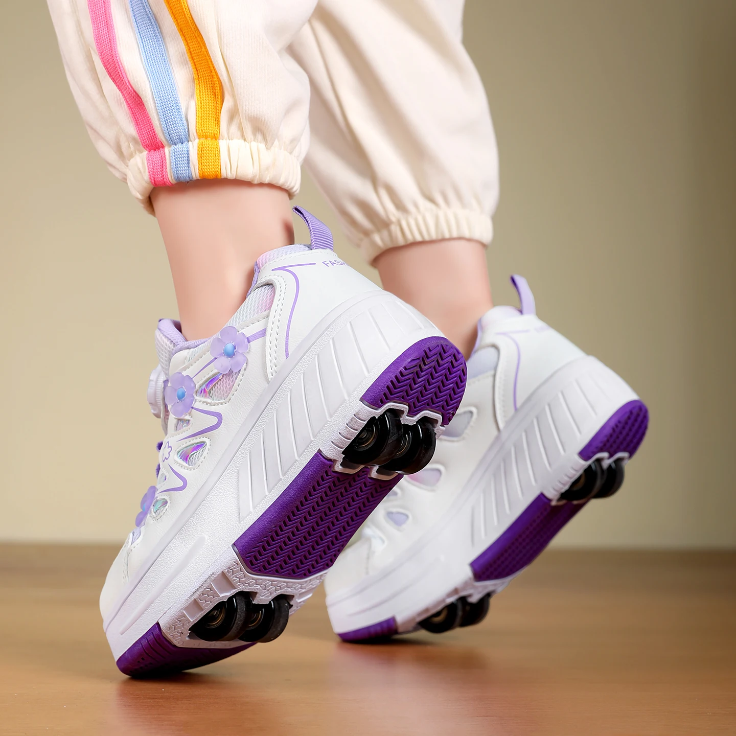 Kids Girls 4 Wheels Roller Skate Shoes Breathable Mesh Flower Rotary Buckle Walk & Roll Casual Sneakers