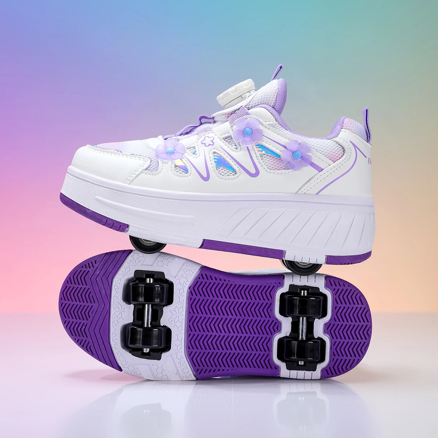 Kids Girls 4 Wheels Roller Skate Shoes Breathable Mesh Flower Rotary Buckle Walk & Roll Casual Sneakers
