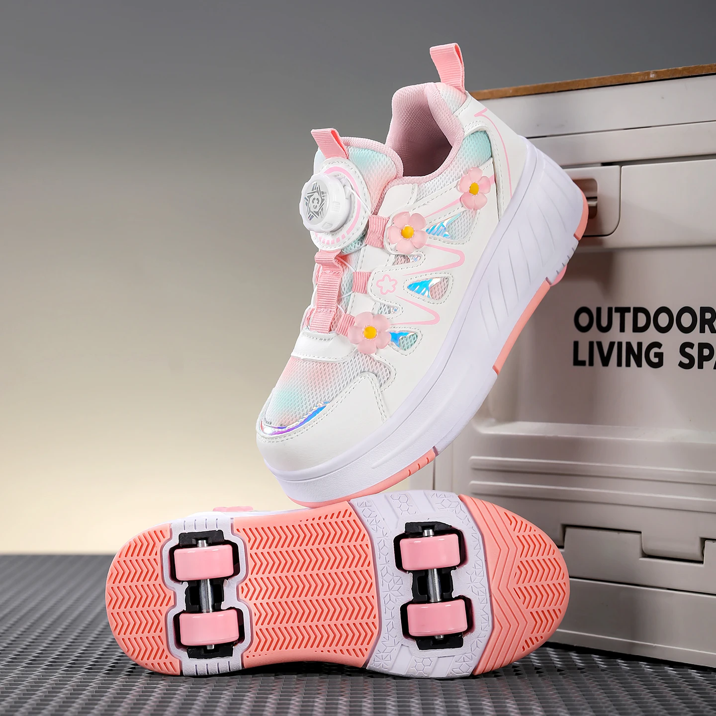 Kids Girls 4 Wheels Roller Skate Shoes Breathable Mesh Flower Rotary Buckle Walk & Roll Casual Sneakers