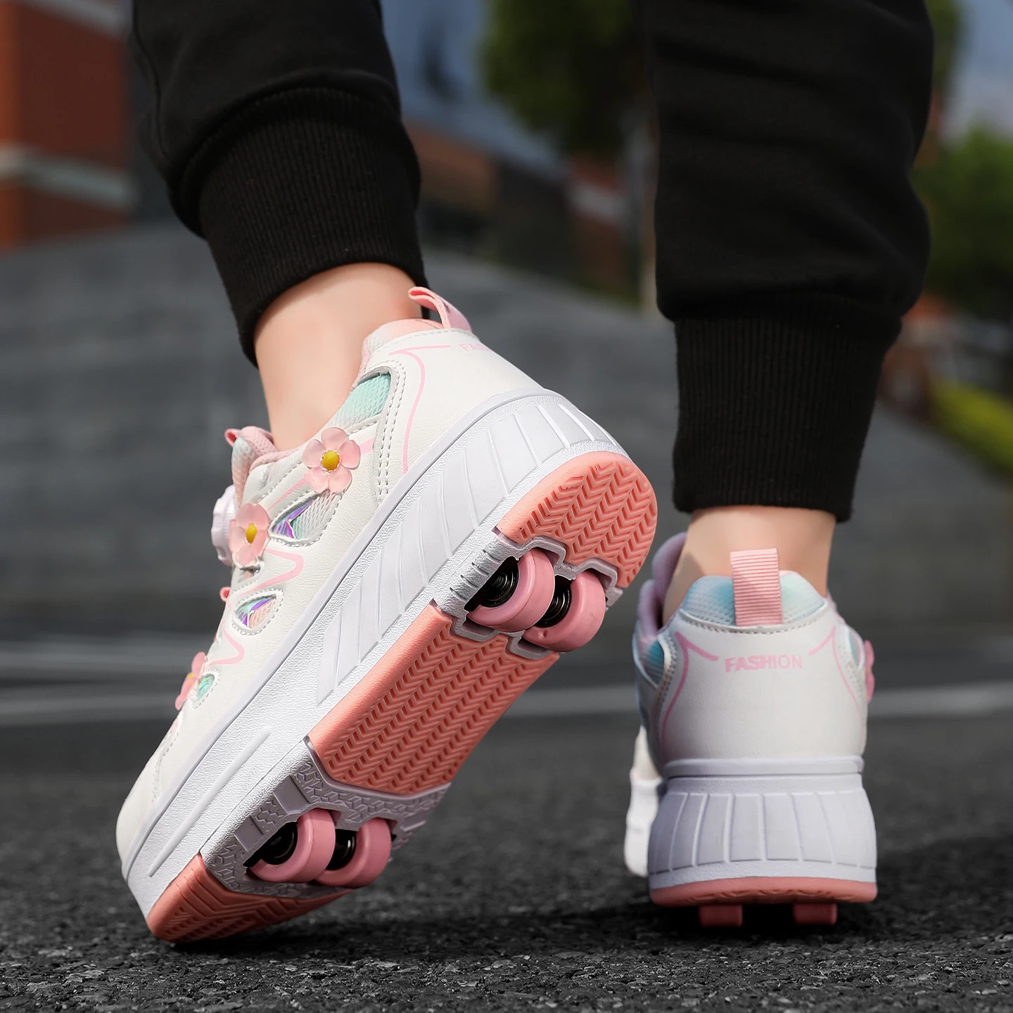 Kids Girls 4 Wheels Roller Skate Shoes Breathable Mesh Flower Rotary Buckle Walk & Roll Casual Sneakers