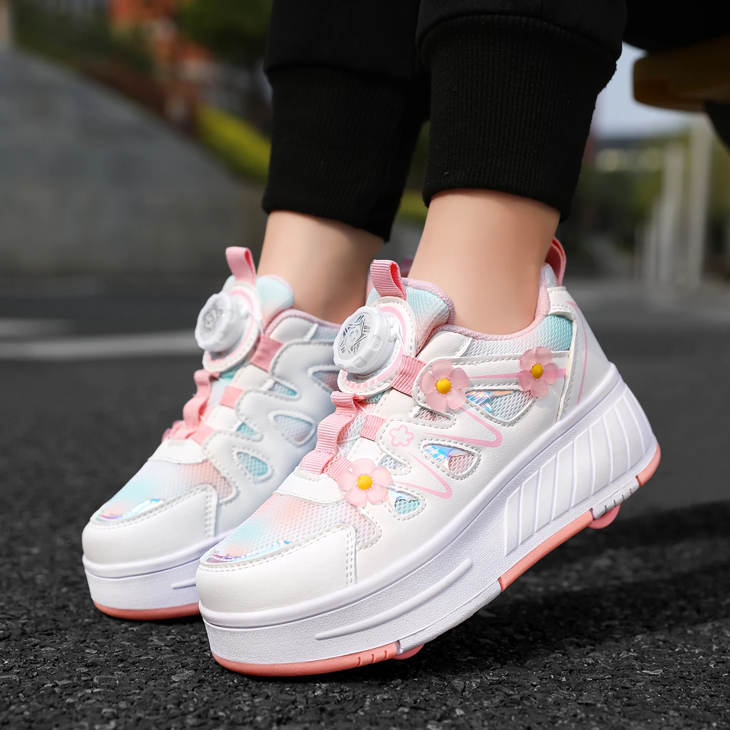 Kids Girls 4 Wheels Roller Skate Shoes Breathable Mesh Flower Rotary Buckle Walk & Roll Casual Sneakers