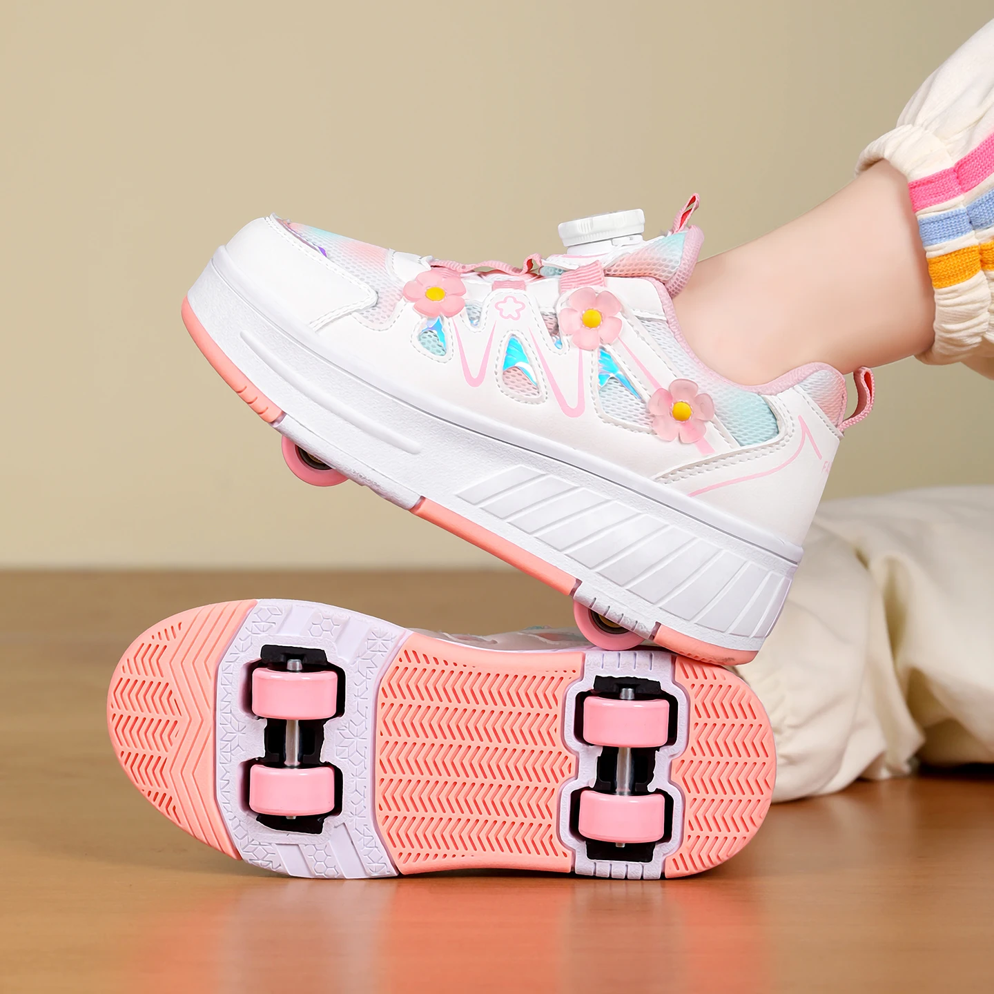 Kids Girls 4 Wheels Roller Skate Shoes Breathable Mesh Flower Rotary Buckle Walk & Roll Casual Sneakers