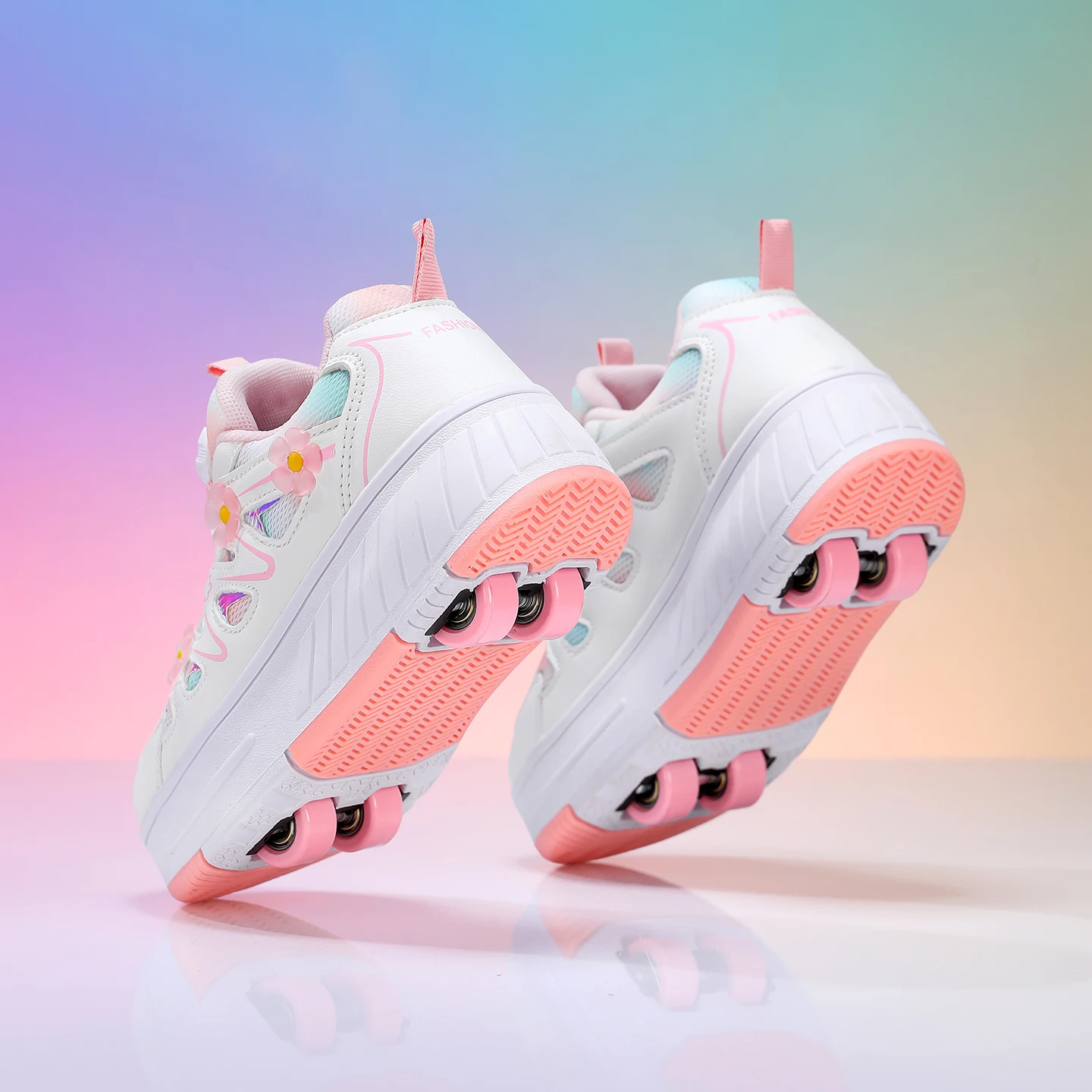 Kids Girls 4 Wheels Roller Skate Shoes Breathable Mesh Flower Rotary Buckle Walk & Roll Casual Sneakers