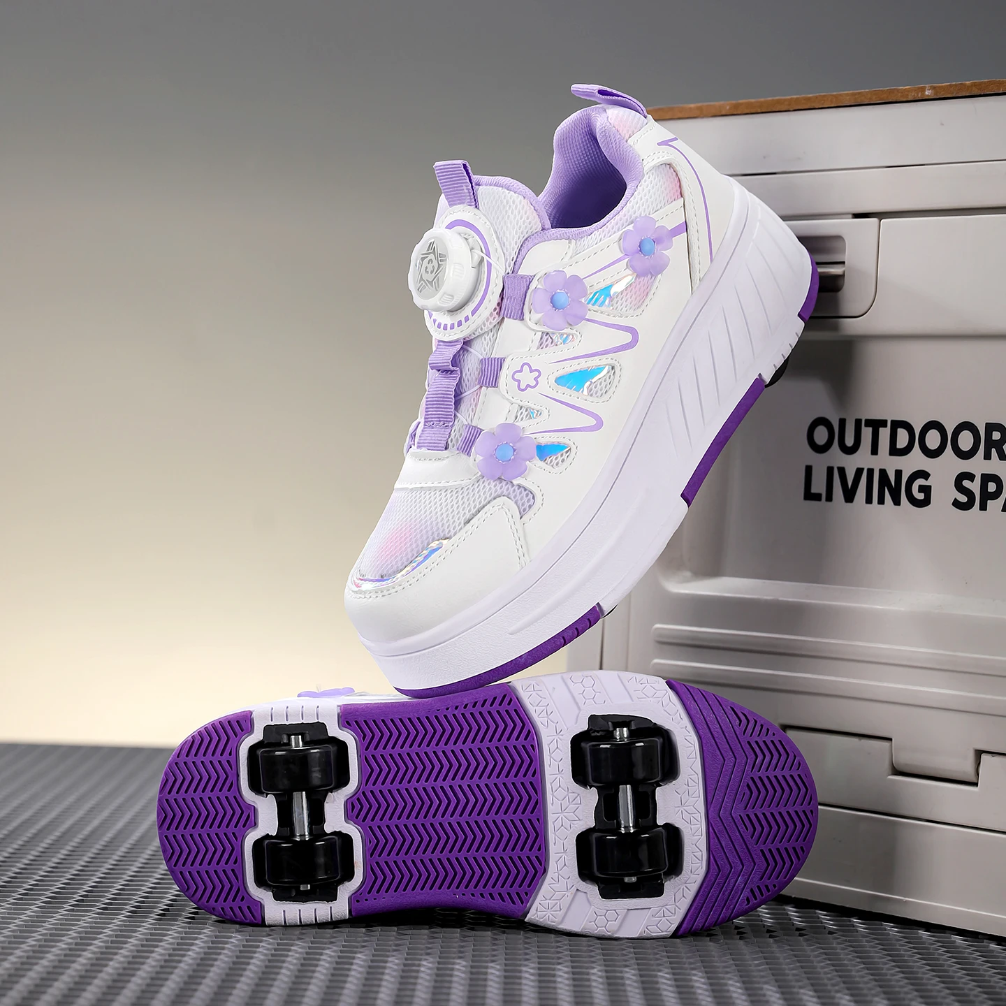 Kids Girls 4 Wheels Roller Skate Shoes Breathable Mesh Flower Rotary Buckle Walk & Roll Casual Sneakers