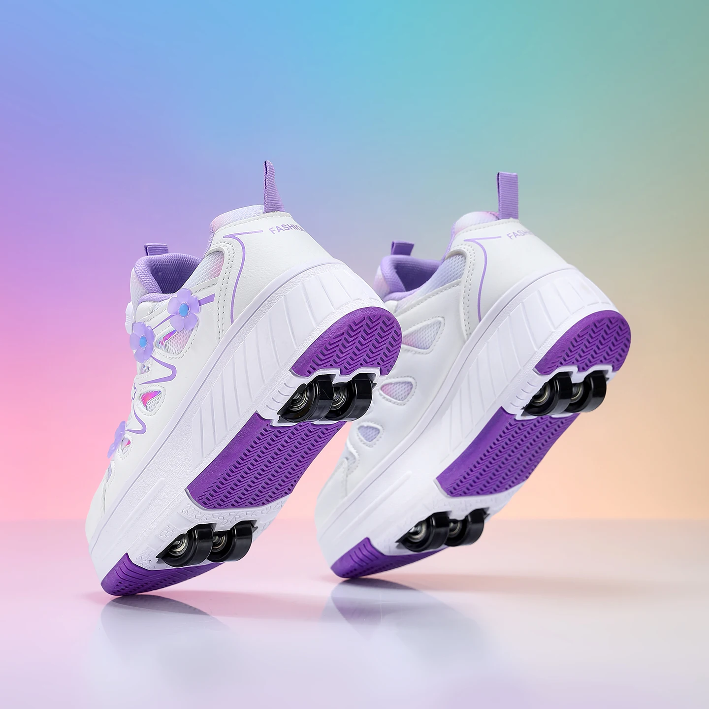 Kids Girls 4 Wheels Roller Skate Shoes Breathable Mesh Flower Rotary Buckle Walk & Roll Casual Sneakers