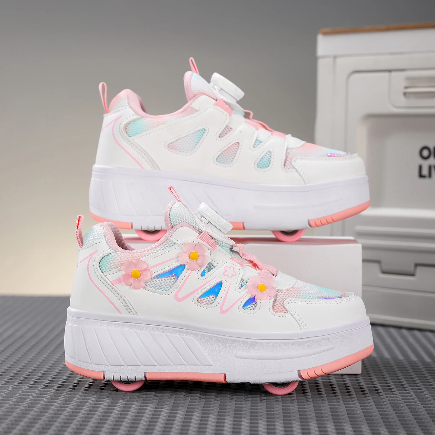 Kids Girls 4 Wheels Roller Skate Shoes Breathable Mesh Flower Rotary Buckle Walk & Roll Casual Sneakers