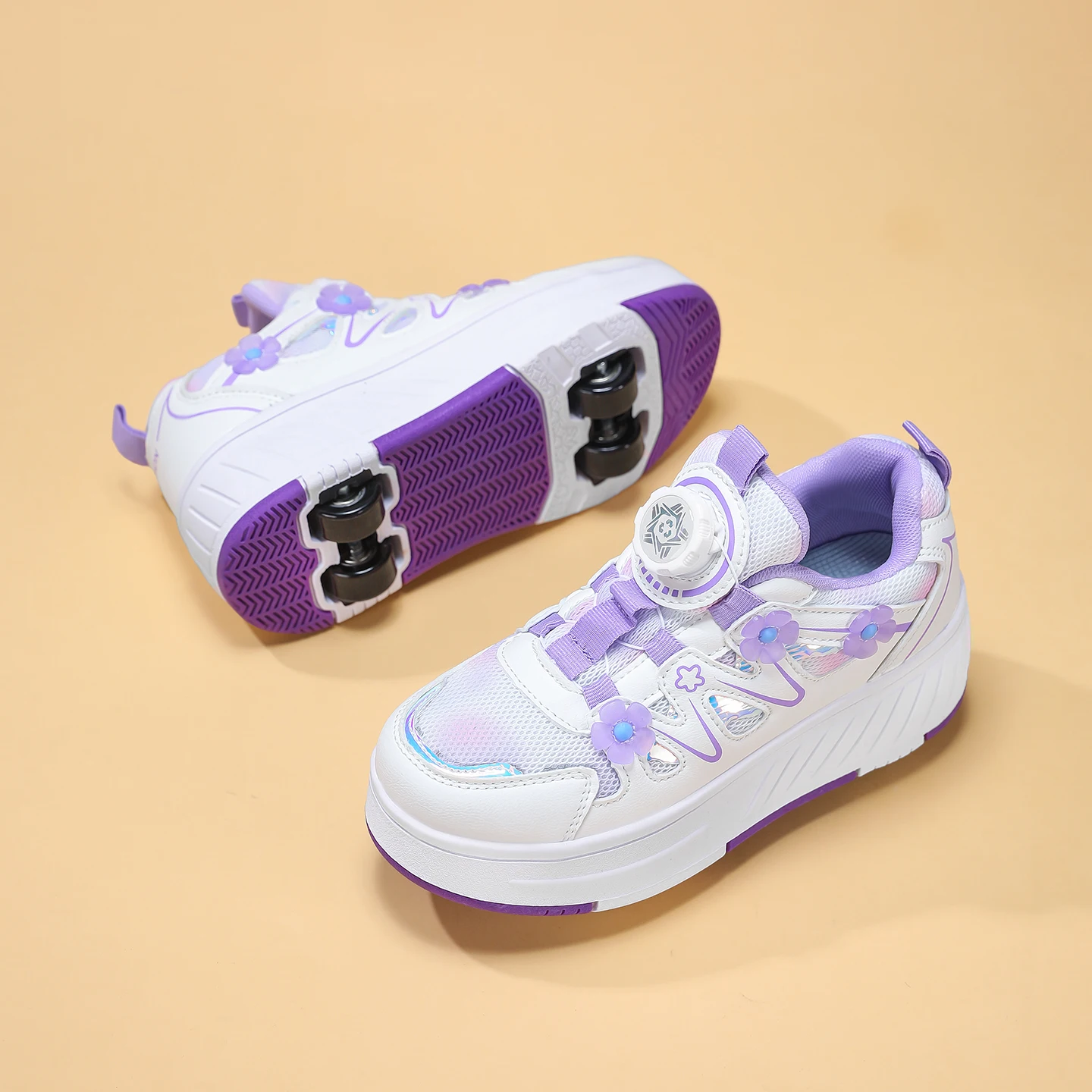 Kids Girls 4 Wheels Roller Skate Shoes Breathable Mesh Flower Rotary Buckle Walk & Roll Casual Sneakers