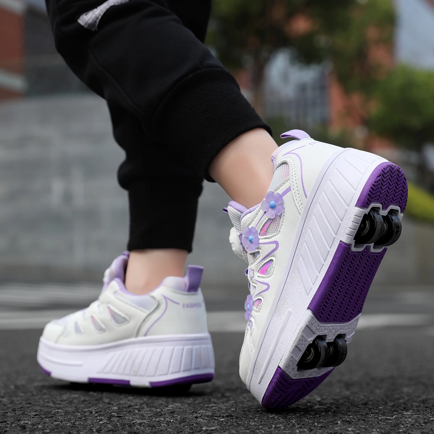 Kids Girls 4 Wheels Roller Skate Shoes Breathable Mesh Flower Rotary Buckle Walk & Roll Casual Sneakers