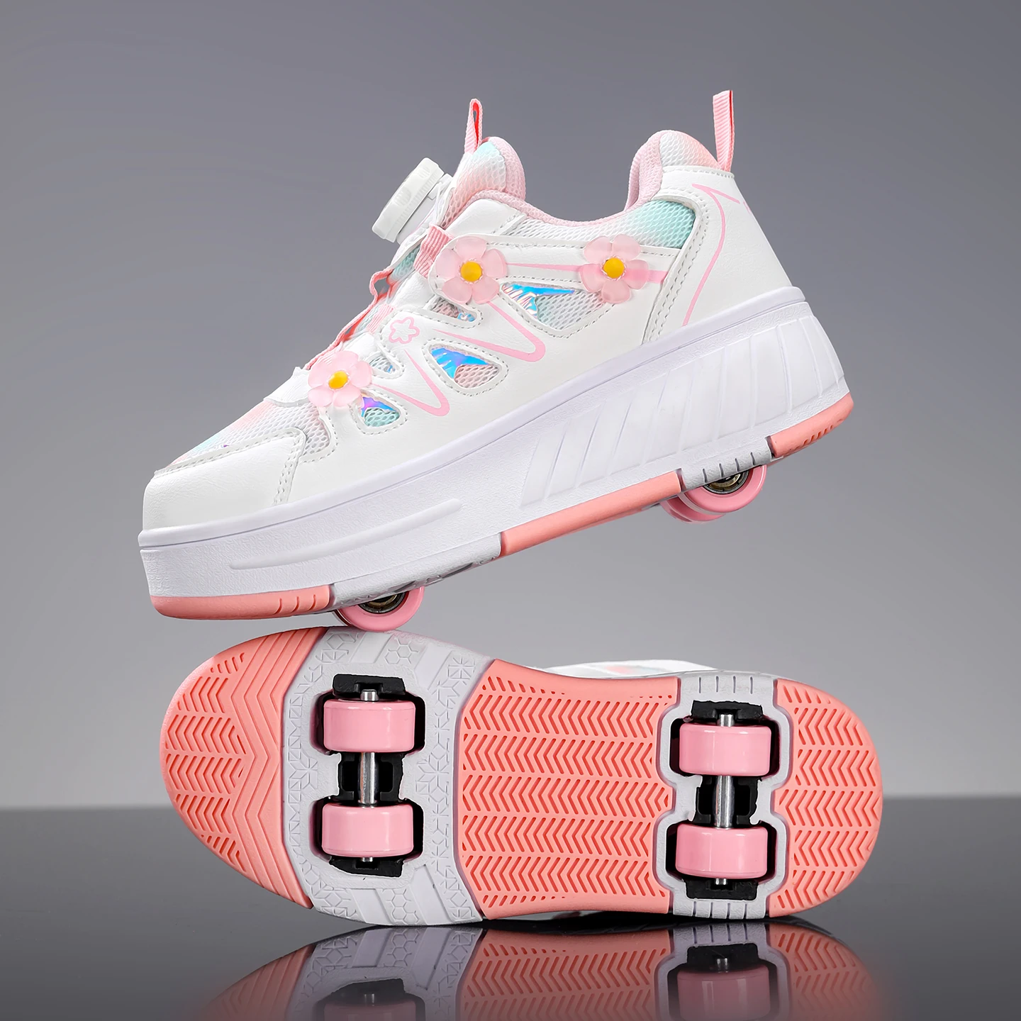 Kids Girls 4 Wheels Roller Skate Shoes Breathable Mesh Flower Rotary Buckle Walk & Roll Casual Sneakers