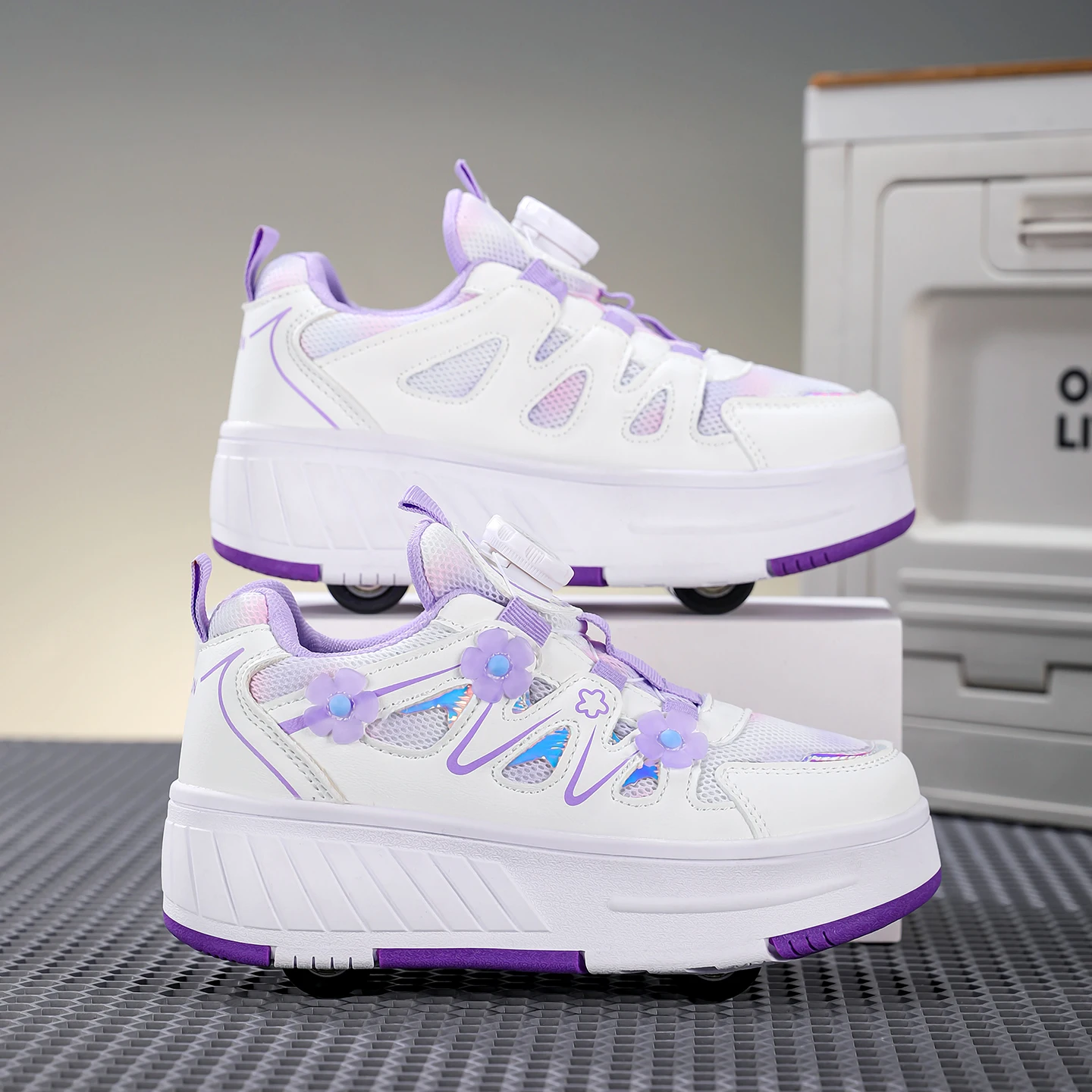 Kids Girls 4 Wheels Roller Skate Shoes Breathable Mesh Flower Rotary Buckle Walk & Roll Casual Sneakers